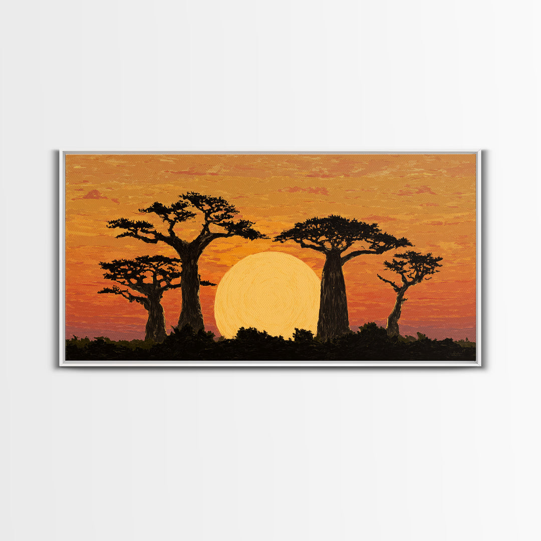 Golden Baobab Sunset Silhouette Wall Art, African Landscape Canvas Decor, Safari Tree Print, Warm Orange Living Room Gift