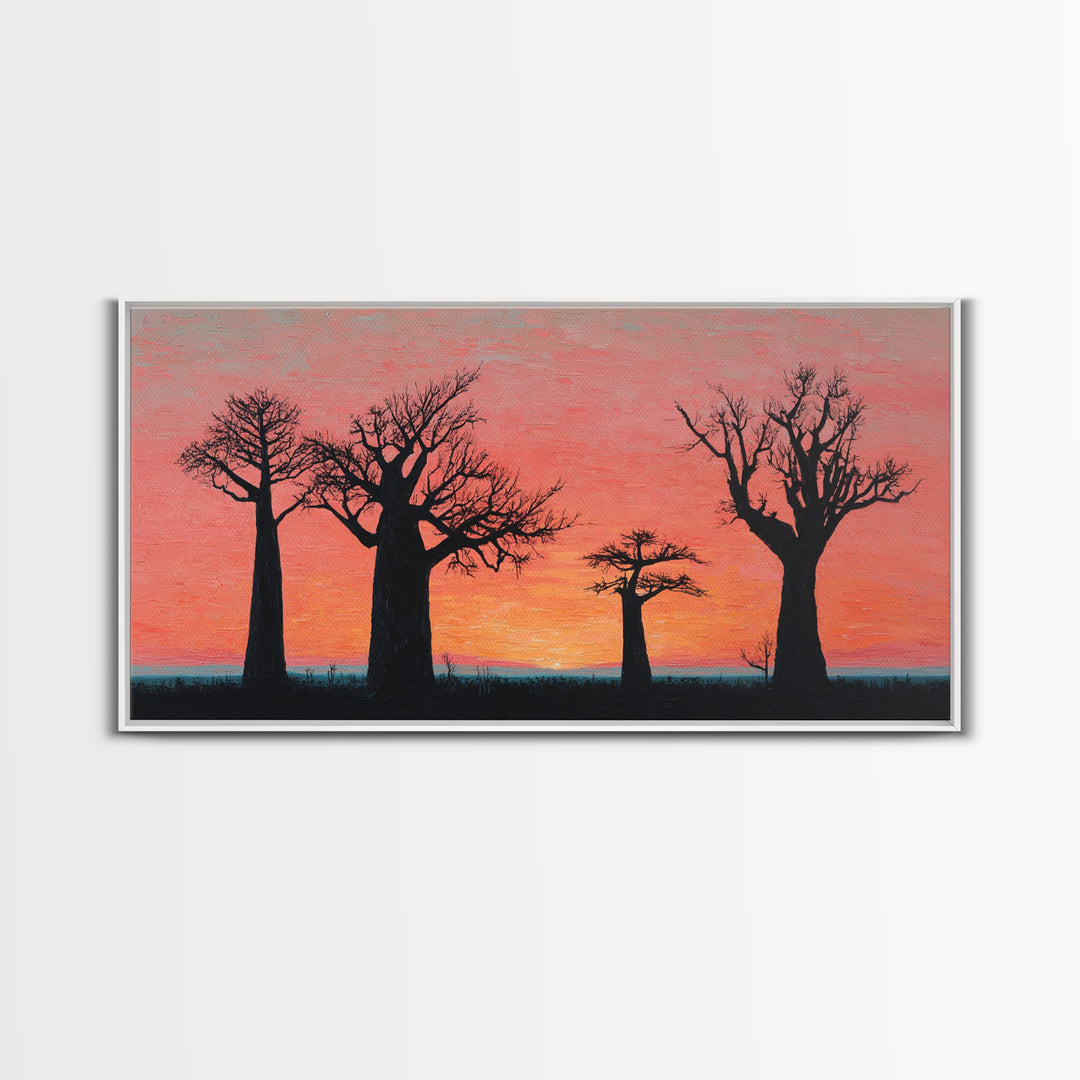 Coral Baobab Tree Silhouette Wall Art, African Landscape Print, Pink Sunset Safari Decor, Modern Canvas Gift For Home Decor