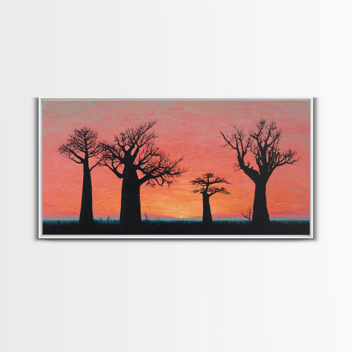 Coral Baobab Tree Silhouette Wall Art, African Landscape Print, Pink Sunset Safari Decor, Modern Canvas Gift For Home Decor