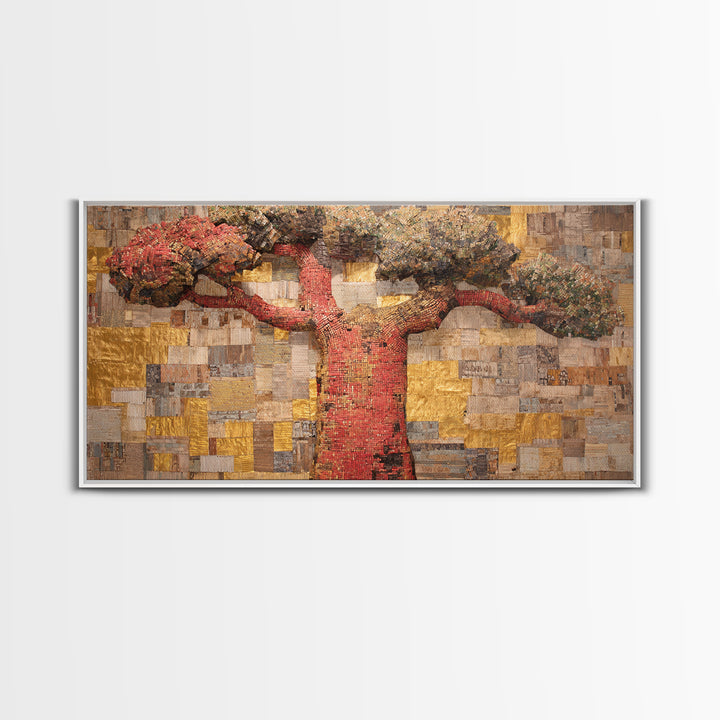 Red Baobab Collage On Gold Canvas Print, African Tree Wall Decor, Textured Mosaic Landscape Art, Bold Living Room Home Decor Gift