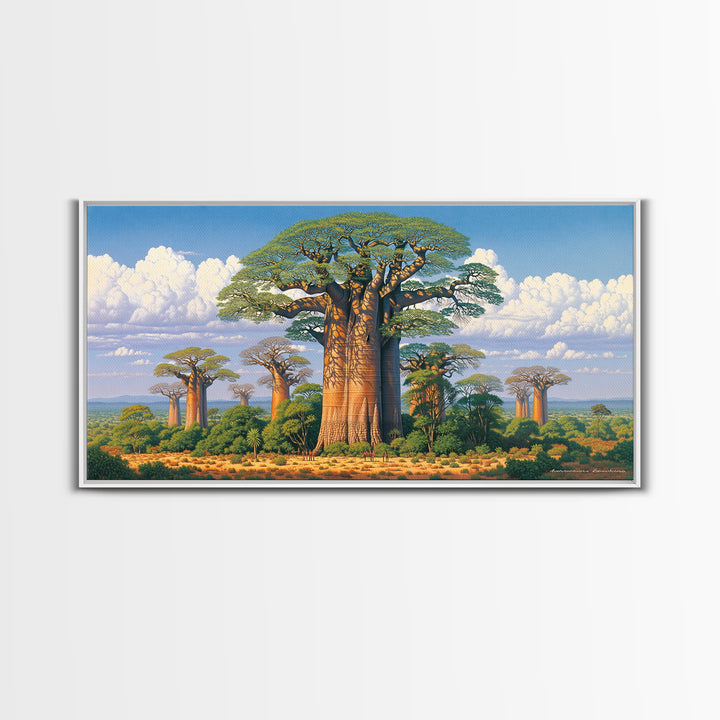 Lush Baobab Forest Under Blue Sky Framed Canvas Print, African Landscape Wall Decor, Madagascar Safari Tree Art Home Decor Gift