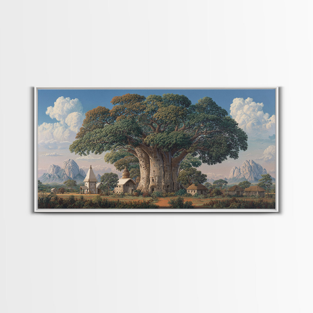 Village Baobab Tree With Church Framed Canvas Print, African Landscape Wall Art, Cultural Home Decor, Housewarming Gift For Her