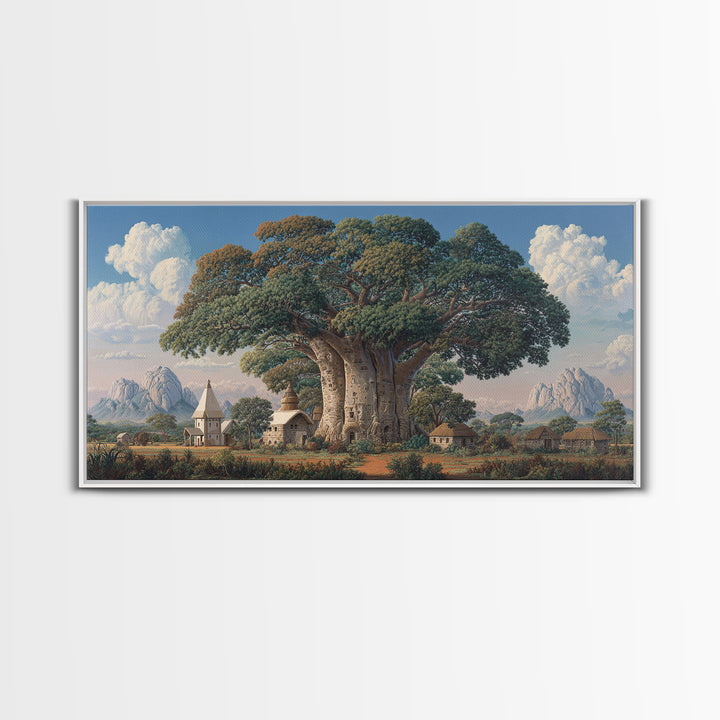 Village Baobab Tree With Church Framed Canvas Print, African Landscape Wall Art, Cultural Home Decor, Housewarming Gift For Her