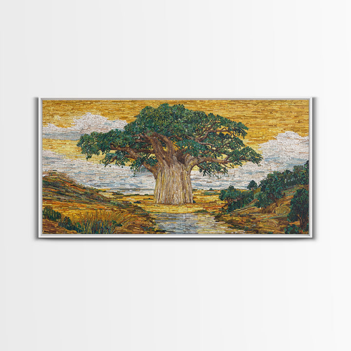 Mosaic Baobab River Landscape Canvas Print, African Tree Wall Art, Earth Tone Safari Decor, Modern Living Room Art, Housewarming Gift