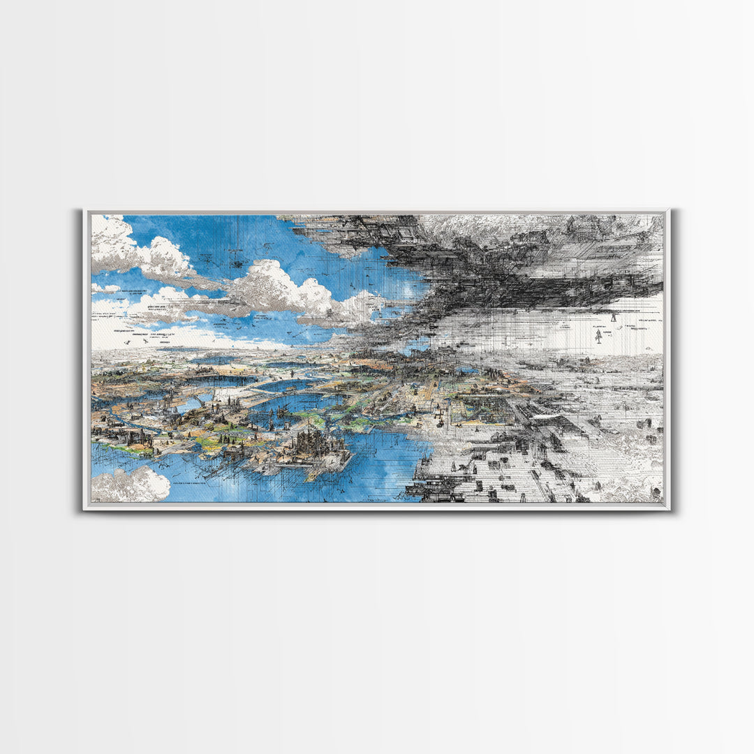 Blue And Black Dreamscape Map Wall Art, Abstract African Landscape Canvas Print, Modern Office Decor, Large Statement Art