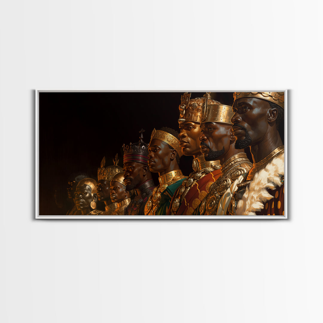 African Kings Royal Portrait Framed Canvas Print, Black History Wall Art, Gold Jewelry Canvas, Afrocentric Home Decor Gift