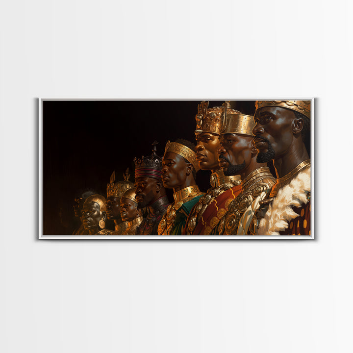 African Kings Royal Portrait Framed Canvas Print, Black History Wall Art, Gold Jewelry Canvas, Afrocentric Home Decor Gift