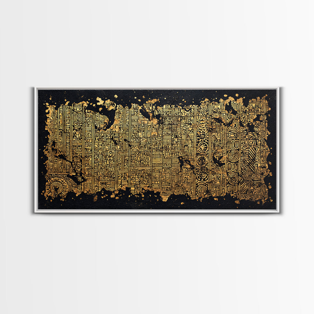 Gold Tribal Textile Pattern Canvas Print, Abstract African Art Decor, Kuba Inspired Wall Decor, Luxury Black Home Accent