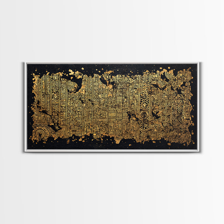 Gold Tribal Textile Pattern Canvas Print, Abstract African Art Decor, Kuba Inspired Wall Decor, Luxury Black Home Accent