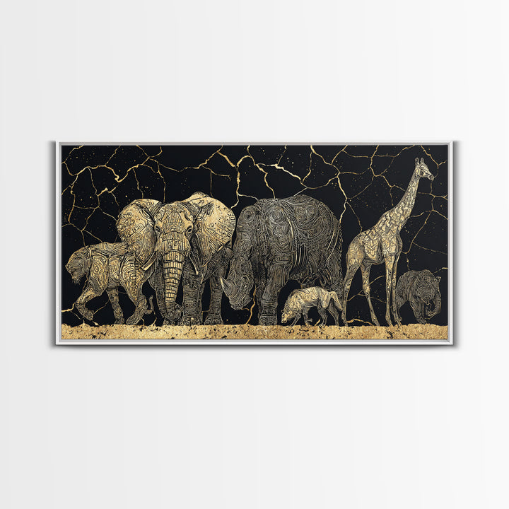 African Safari Animals Wall Art, Elephant Giraffe Family Canvas Decor, Serengeti Wildlife Print, Black Gold Home Accent Gift