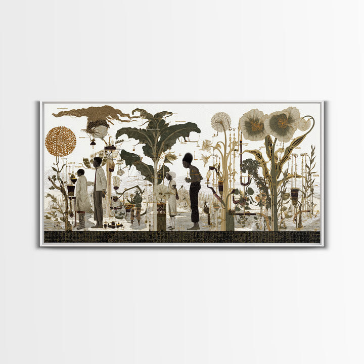 Neutral Botanical Black Figures Garden Wall Art, African American Art, Elegant Floral Canvas Print For Living Room Decor