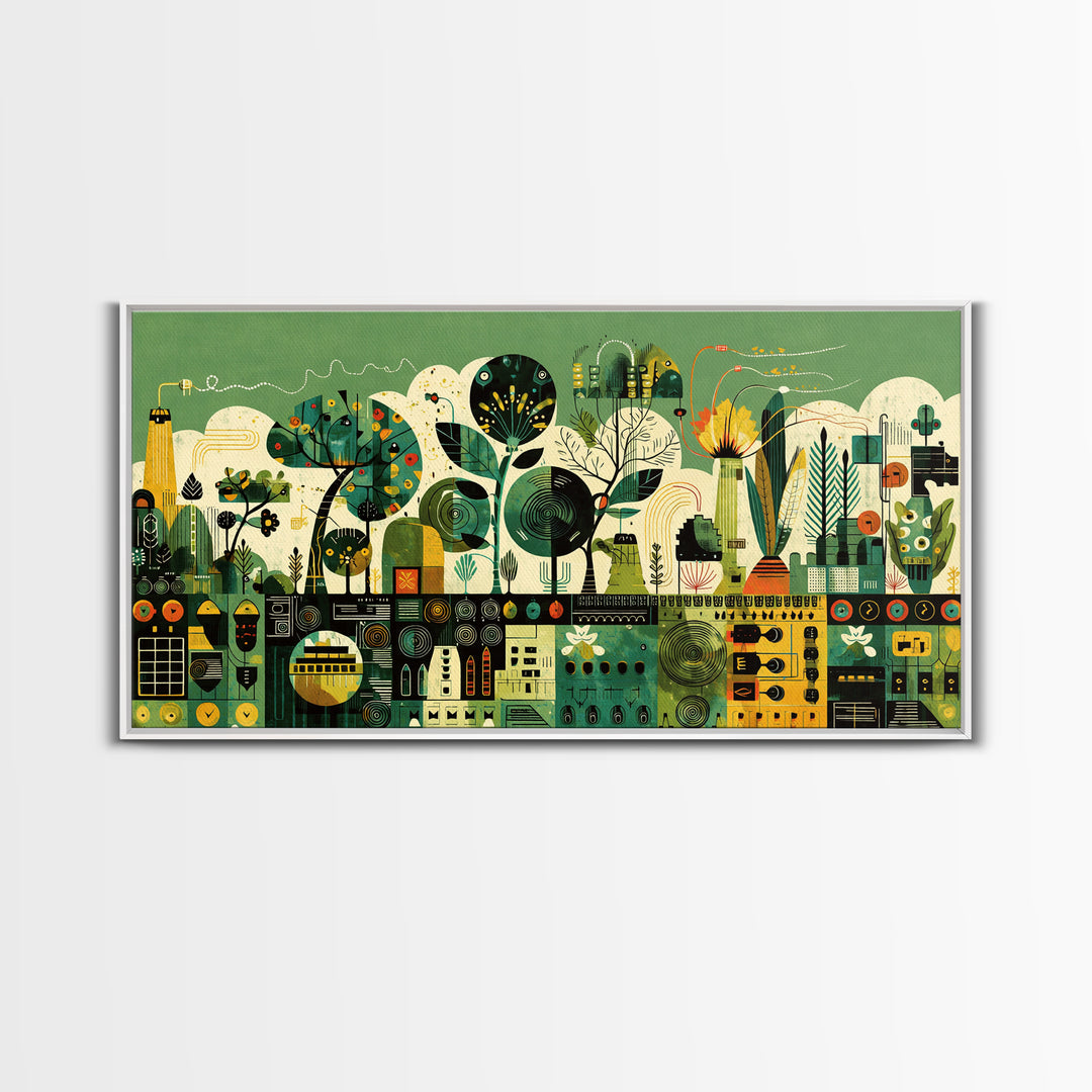 Green Abstract Botanical Cityscape Wall Art, African Patterns, Modern Afrocentric Canvas Print, Cultural Home Decor Gift