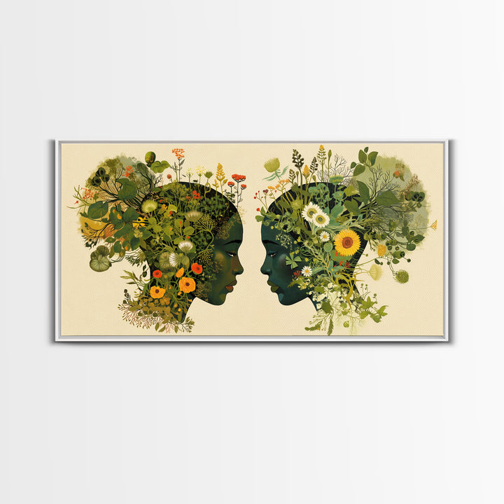 Floral Black Women Profile Portrait Wall Art, African Woman Art, Afrocentric Feminine Canvas Print, Botanical Home Decor Gift