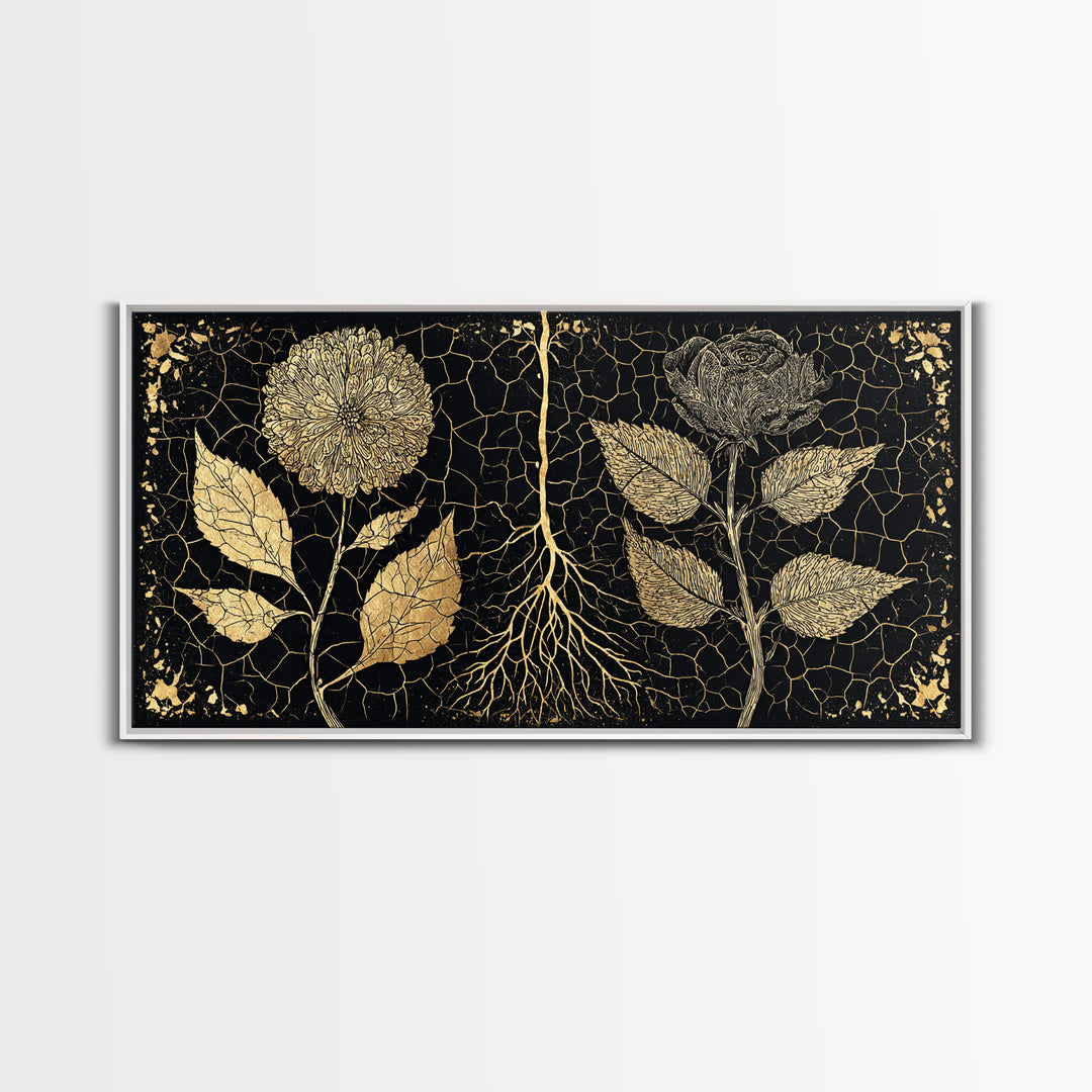 Black Gold Botanical Roots Framed Canvas Print, African Inspired Wall Decor, Luxury Nature Art, Elegant Home Decor Gift Idea