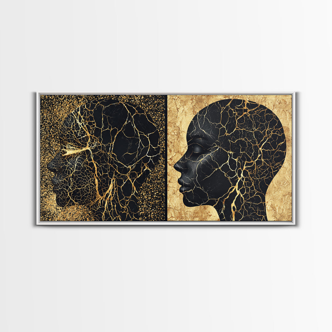 Black Gold Rooted African Profile Diptych Framed Canvas Print, Spiritual Wall Art, Modern Afrocentric Decor, Luxury Art Print