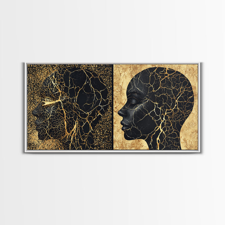 Black Gold Rooted African Profile Diptych Framed Canvas Print, Spiritual Wall Art, Modern Afrocentric Decor, Luxury Art Print