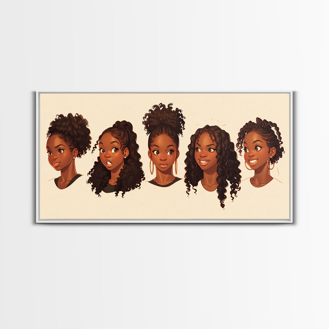 Cute Black Girl Hairstyle Portraits Wall Art, Melanin Artwork, African American Kids Decor, Black Girl Magic Canvas Print