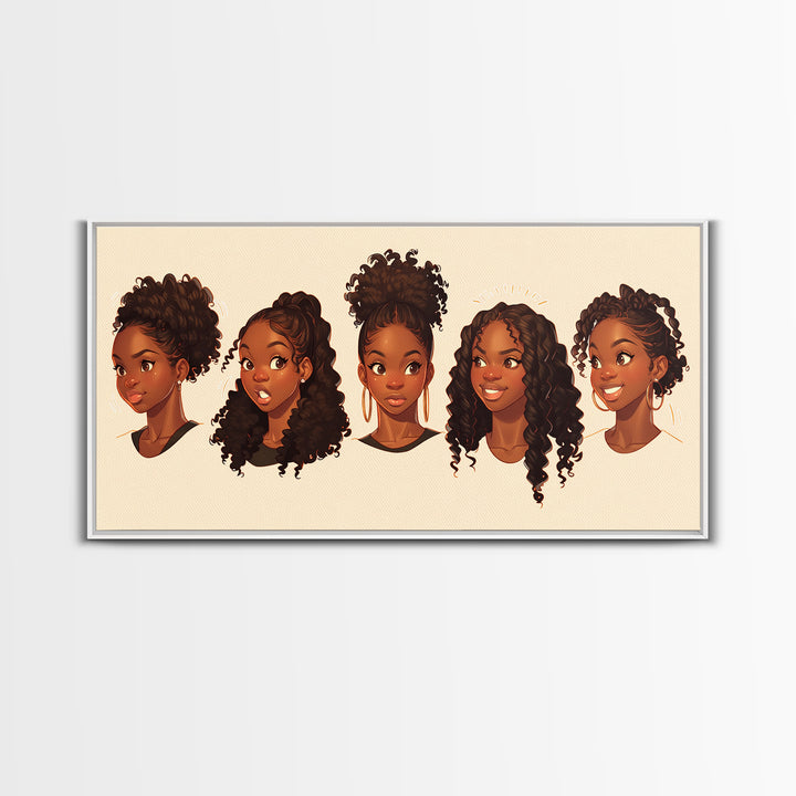 Cute Black Girl Hairstyle Portraits Wall Art, Melanin Artwork, African American Kids Decor, Black Girl Magic Canvas Print