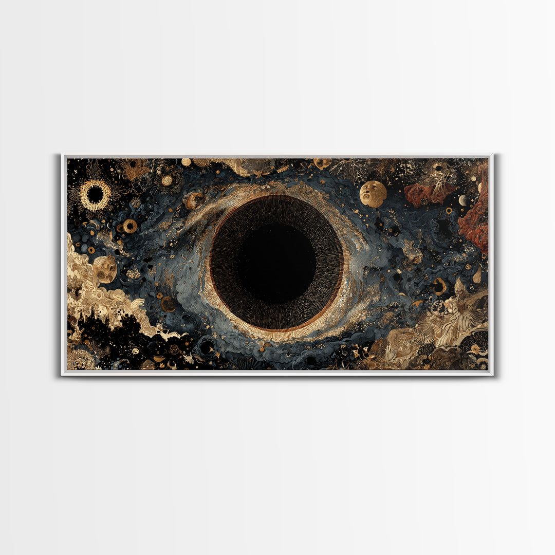 Black Gold Cosmic Eye Framed Canvas Print, Luxury Abstract Wall Decor, Mystical Space Art For Modern Living Room Home Decor