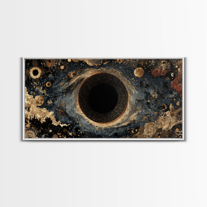 Black Gold Cosmic Eye Framed Canvas Print, Luxury Abstract Wall Decor, Mystical Space Art For Modern Living Room Home Decor