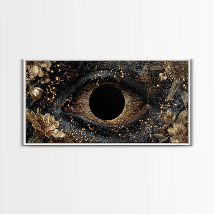 Golden Floral Mystic Eye Canvas Print, Black And Gold Abstract Wall Art, Luxury Feminine Decor For Stylish Living Room Gift