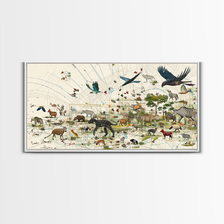 African Safari Map Canvas Print, Wildlife Collage With Elephant Giraffe Rhino, Serengeti Wall Decor, Jungle Animal Art Home Decor