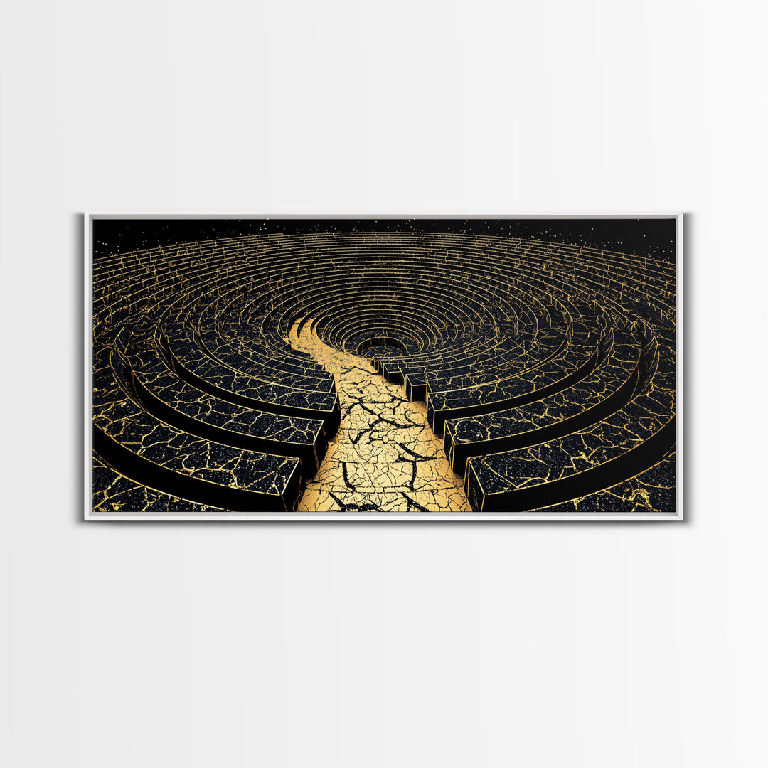 Golden Labyrinth Wall Art, Black And Gold Abstract Spiral Maze, Luxury Canvas Print, Modern Geometric Statement Decor Home Decor