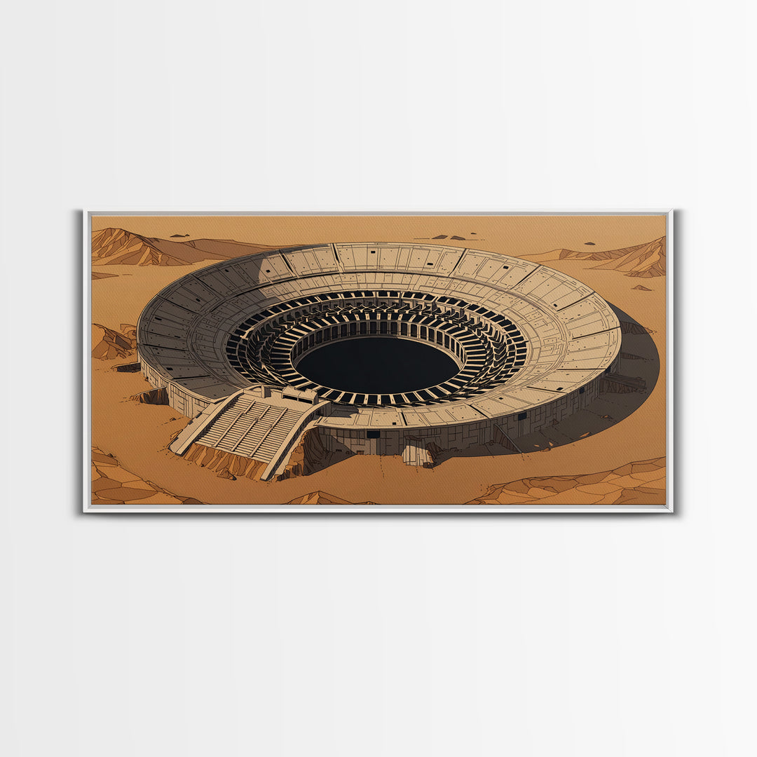 Desert Colosseum Canvas Print, Futuristic Arena Landscape, Beige Wall Art, Architectural Decor, Modern Office Art For Living Room