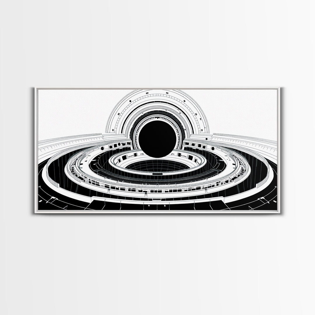 Monochrome Space Station Wall Art, Black And White Futuristic Architecture, Minimalist Canvas Print, Modern Office Decor