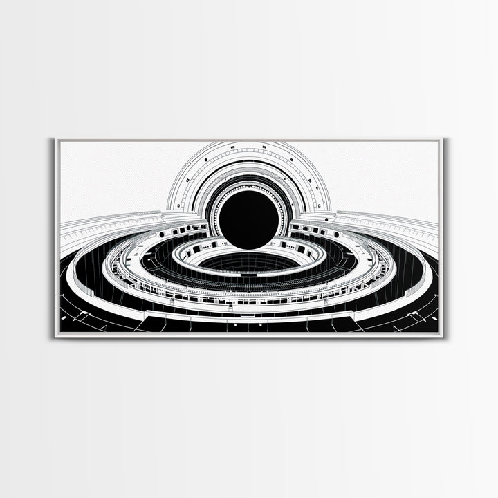 Monochrome Space Station Wall Art, Black And White Futuristic Architecture, Minimalist Canvas Print, Modern Office Decor