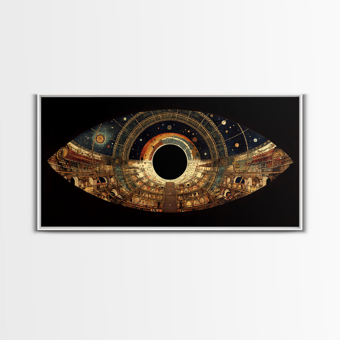 Celestial Observatory Eye Canvas Print, Ornate Cosmic Library Wall Art, Black Gold Sci Fi Decor, Mystical Statement Piece