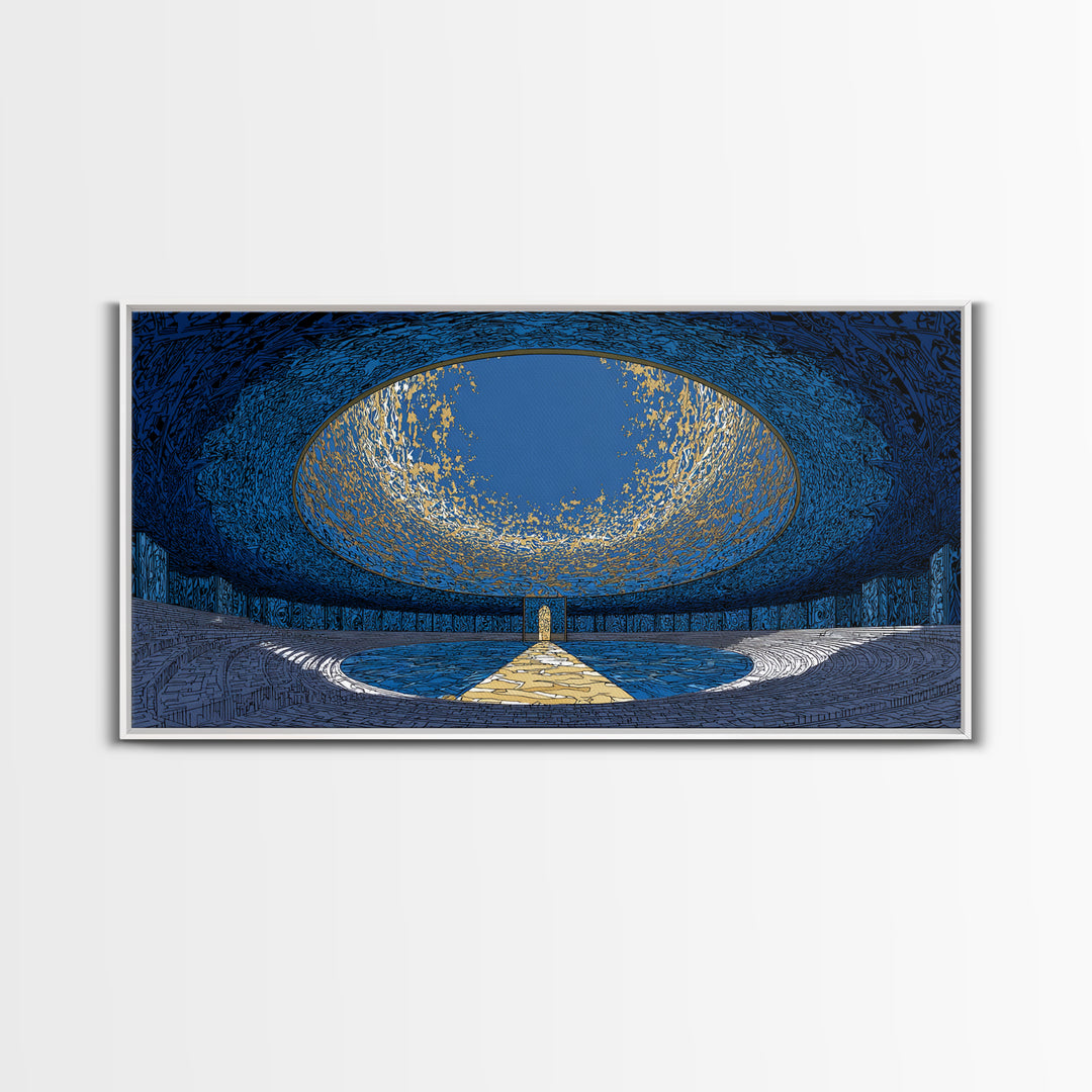 Blue Portal Chamber Wall Art, Futuristic Circular Architecture, Gold Path Canvas Print, Modern Abstract Office Decor Statement Piece