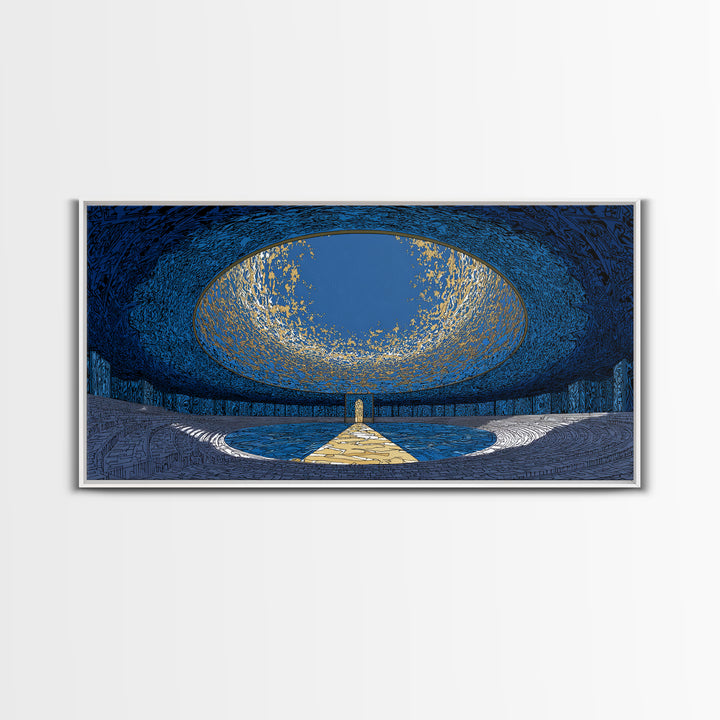 Blue Portal Chamber Wall Art, Futuristic Circular Architecture, Gold Path Canvas Print, Modern Abstract Office Decor Statement Piece