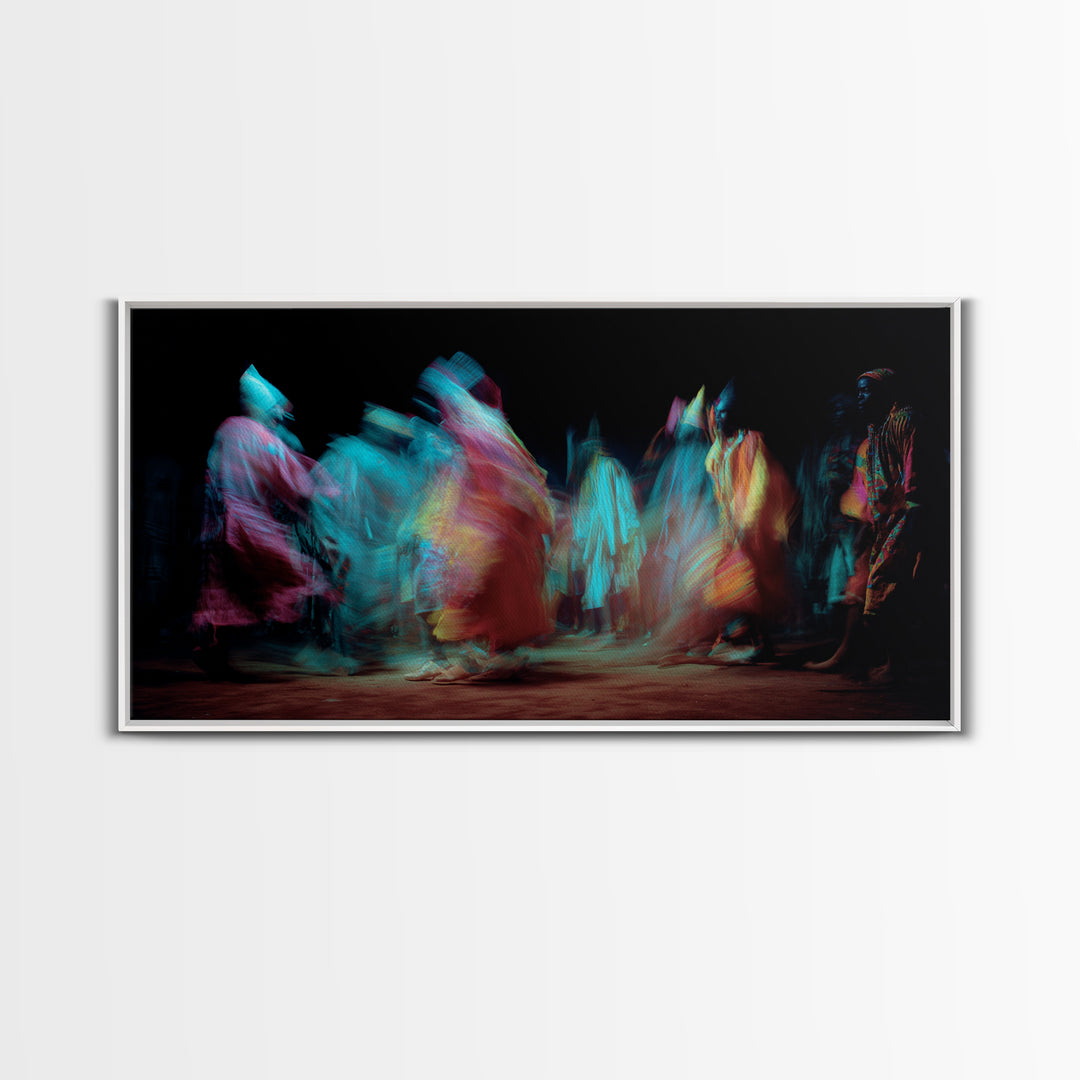 Blurred African Dancers In Jewel Robes Wall Art, Afrocentric Dance Canvas, Cultural Home Decor, Vibrant Tribal Art Print