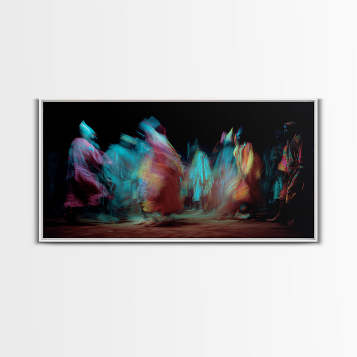 Blurred African Dancers In Jewel Robes Wall Art, Afrocentric Dance Canvas, Cultural Home Decor, Vibrant Tribal Art Print
