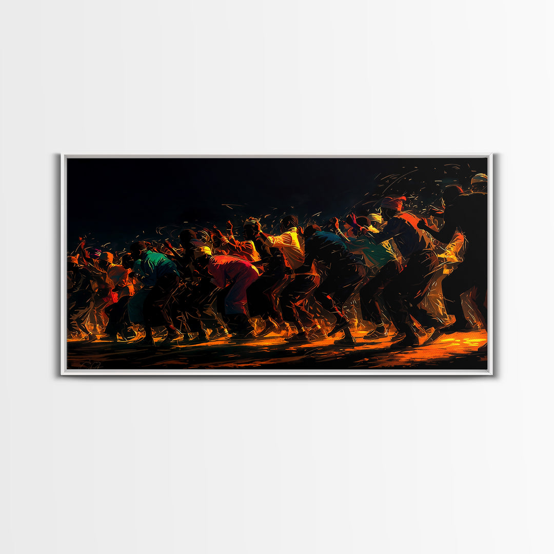 Golden Line Of African Dancers Canvas Print, Black Culture Art, Afrocentric Wall Decor, Vibrant Movement Painting, Cultural Art