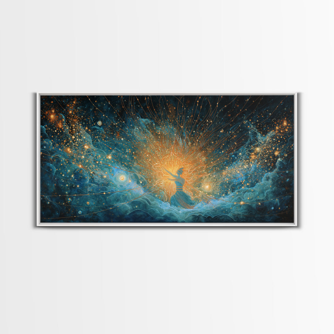 Cosmic African Goddess In Blue Gold Light Wall Art, Spiritual Afrocentric Decor, Mystical Woman Canvas, Dreamy Art Print