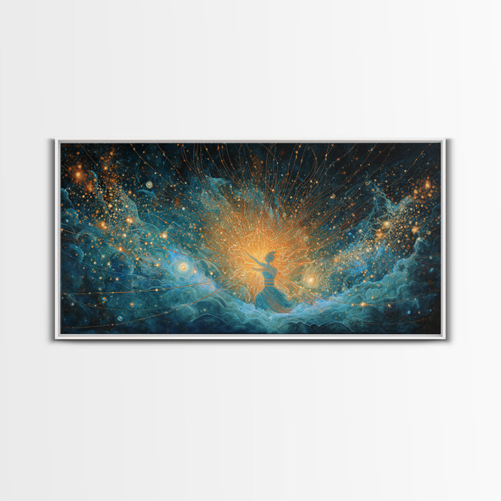 Cosmic African Goddess In Blue Gold Light Wall Art, Spiritual Afrocentric Decor, Mystical Woman Canvas, Dreamy Art Print