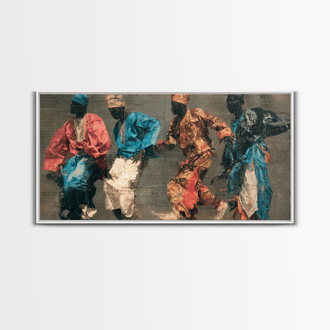 Four African Dancers In Colorful Robes Canvas Print, Tribal Culture Wall Art, Ankara Inspired Decor, Afrocentric Art Gift