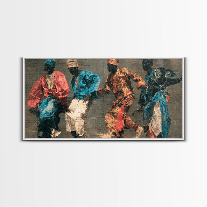 Four African Dancers In Colorful Robes Canvas Print, Tribal Culture Wall Art, Ankara Inspired Decor, Afrocentric Art Gift