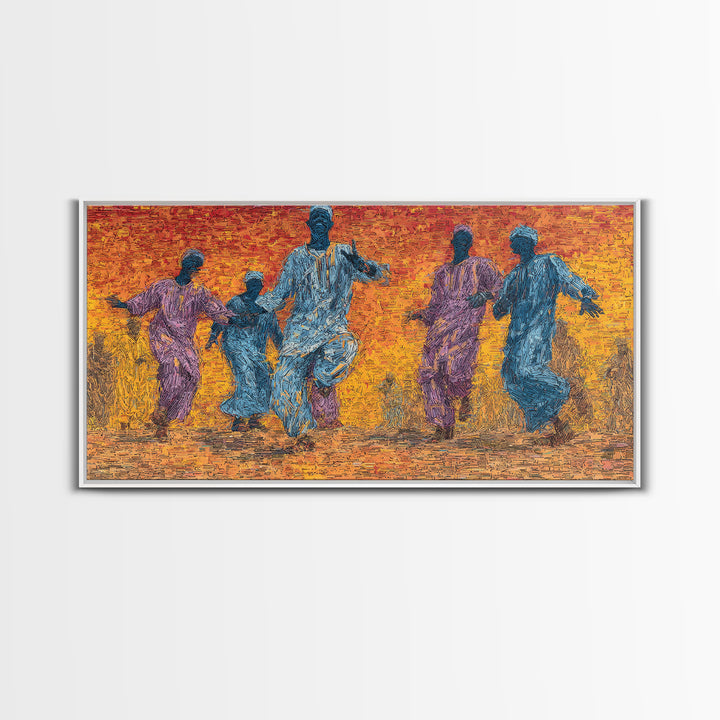 African Dancers At Sunset Wall Art, Colorful Afrocentric Celebration Print, Tribal Culture Decor, Vibrant Living Room Canvas