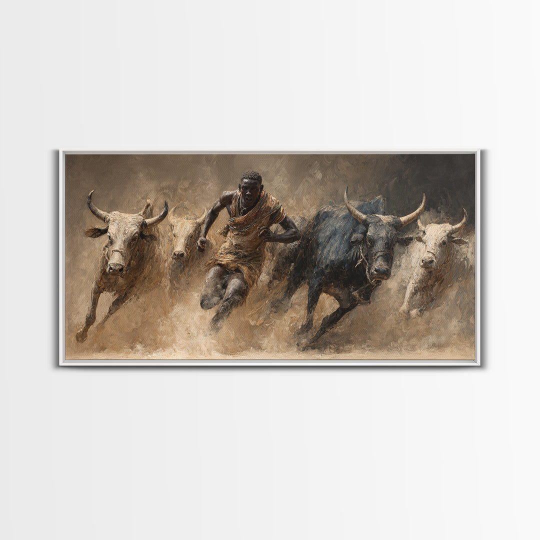 African Bull Runner Canvas Print, Dusty Cattle Race Painting, Warrior Culture Wall Decor, Rustic Safari Art For Living Room