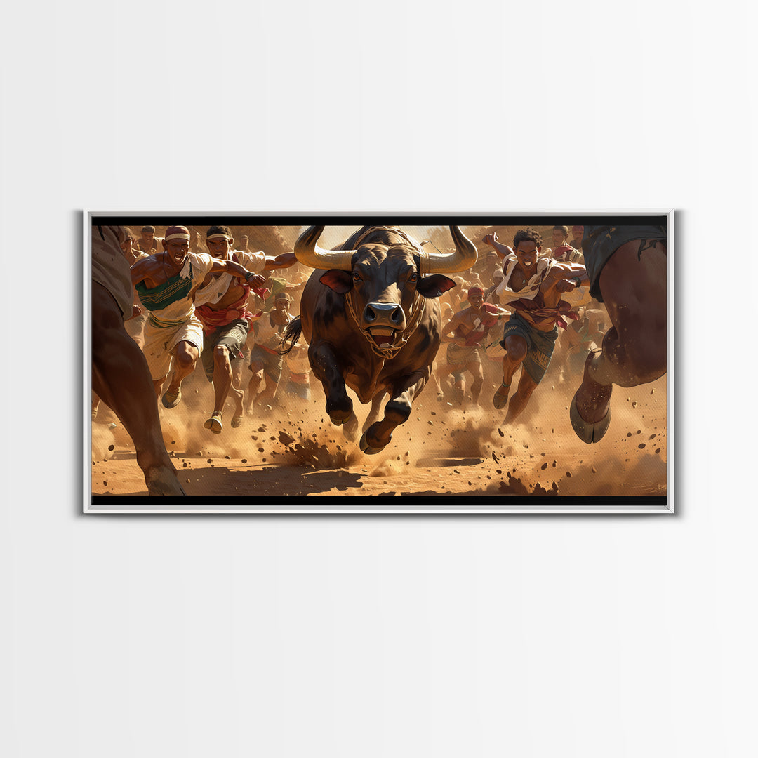 Charging Bull Race Framed Canvas Print, African Warrior Runners, Dusty Safari Action Art, Bold Cultural Living Room Decor