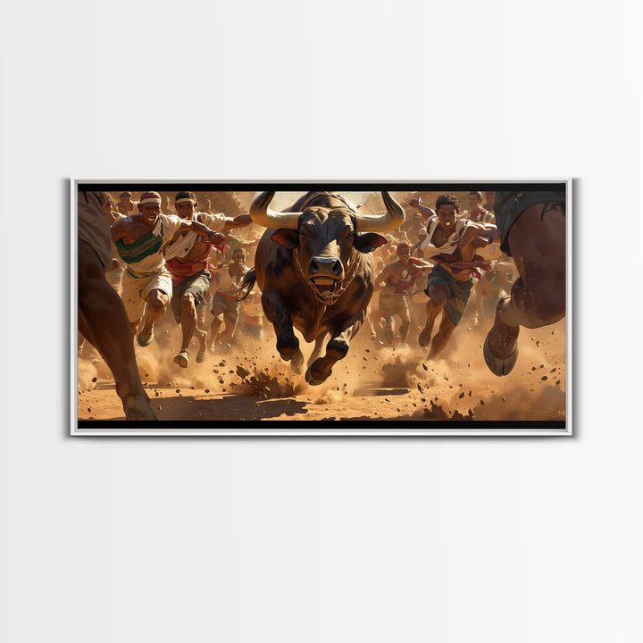 Charging Bull Race Framed Canvas Print, African Warrior Runners, Dusty Safari Action Art, Bold Cultural Living Room Decor