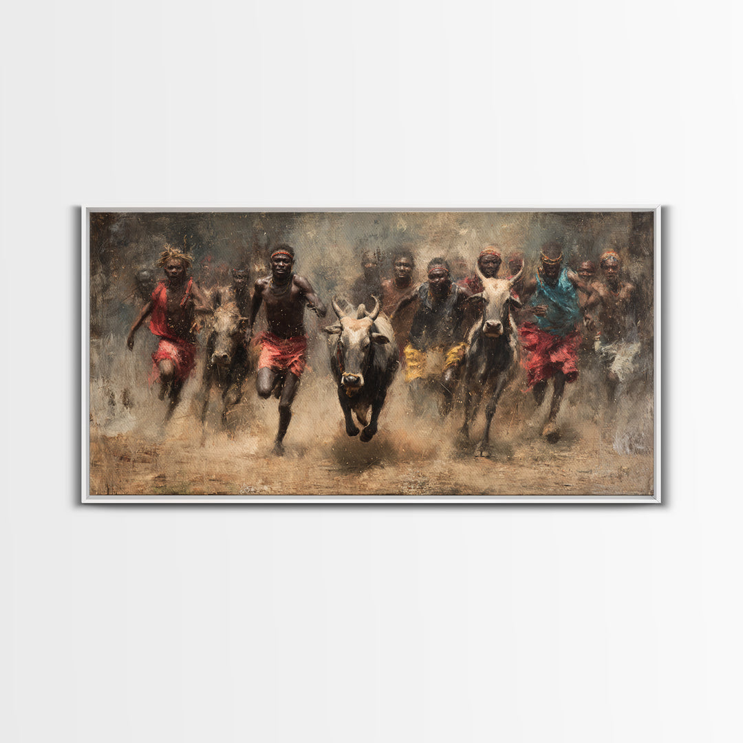 African Cattle Race Wall Art, Tribal Runners In Dusty Motion, Dramatic Safari Painting, Rustic Culture Decor For Home And Office