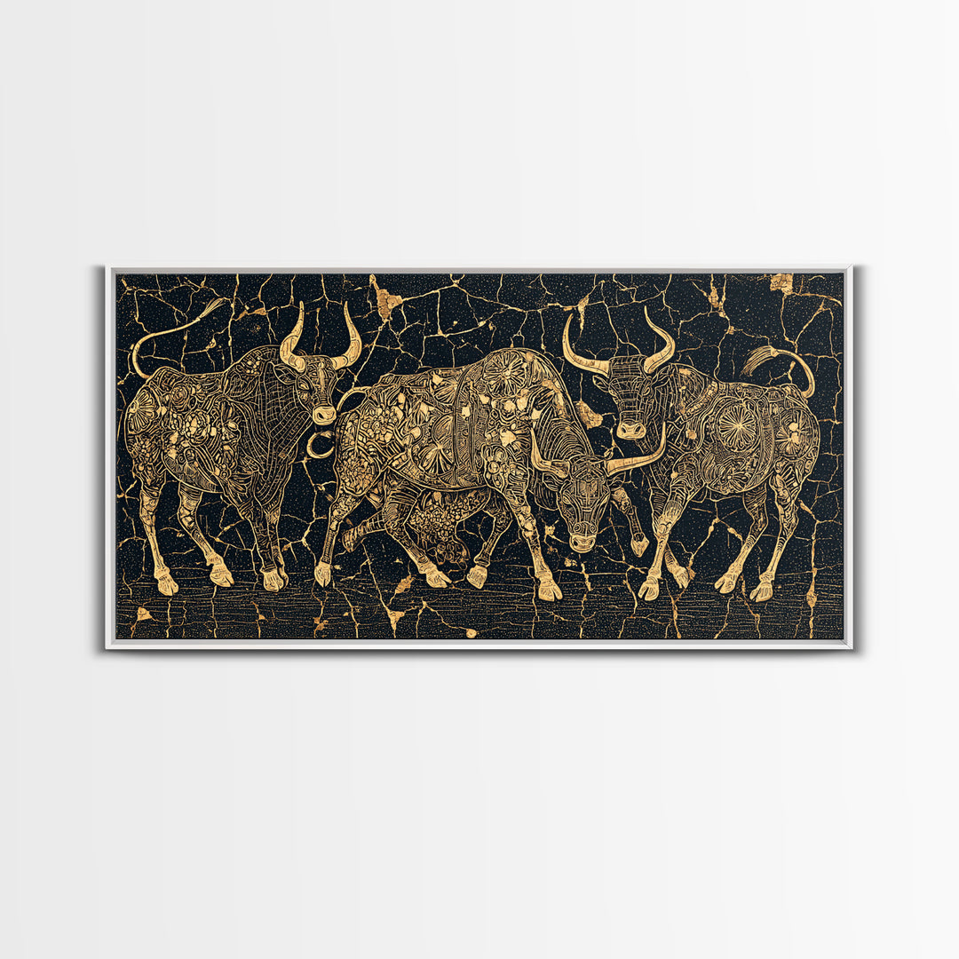 Gold Line Cattle On Black Wall Art, African Inspired Bull Illustration, Geometric Crackle Texture Decor, Luxury Canvas Print