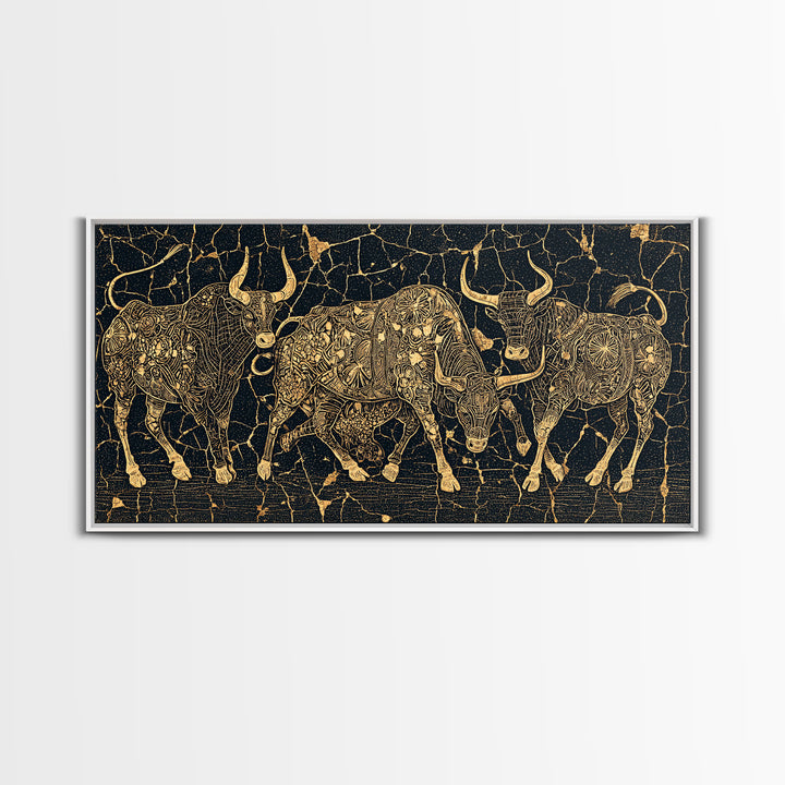 Gold Line Cattle On Black Wall Art, African Inspired Bull Illustration, Geometric Crackle Texture Decor, Luxury Canvas Print