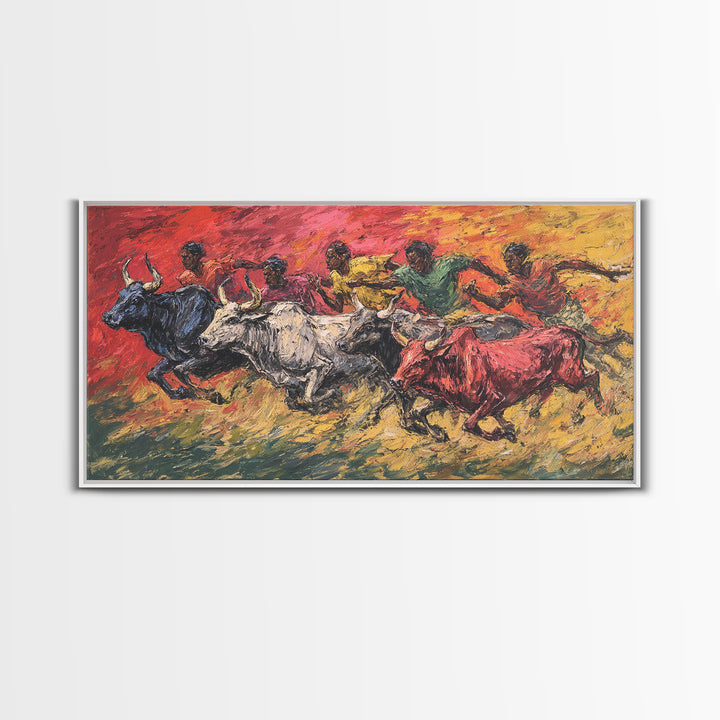 Colorful African Bull Race Canvas Print, Expressive Tribal Runners, Sunset Safari Painting, Bright Vibrant Cultural Wall Decor