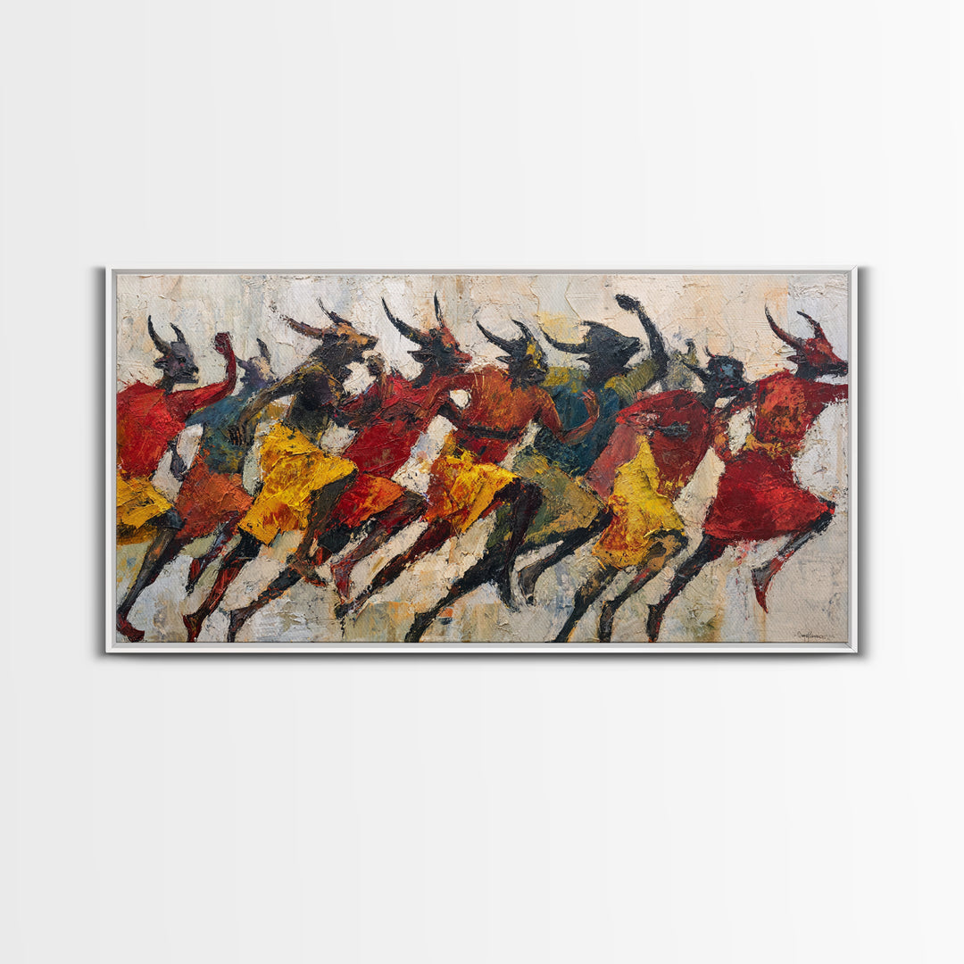 Horned Dancers In Red And Gold, African Warrior Art Canvas Print, Tribal Culture Wall Decor, Afrocentric Home Decor, Statement Piece