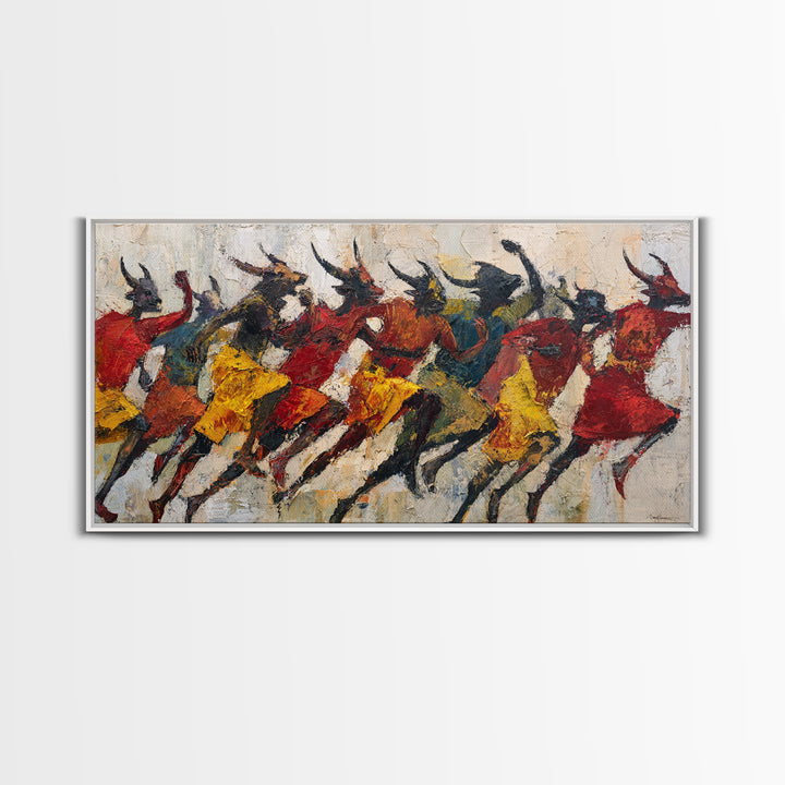 Horned Dancers In Red And Gold, African Warrior Art Canvas Print, Tribal Culture Wall Decor, Afrocentric Home Decor, Statement Piece